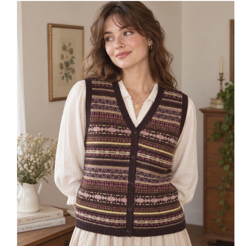 Cape Cod Sportswear Cardigan Vest Womens XL Purple Fair Isle Knit Grandmacore